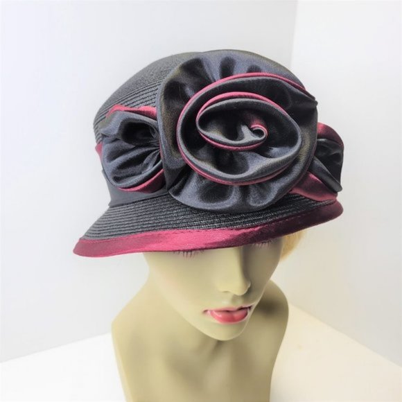 Black Dress Hat Adjustable with Red Satin Trim and Flower Rosette - One Size - Picture 7 of 15